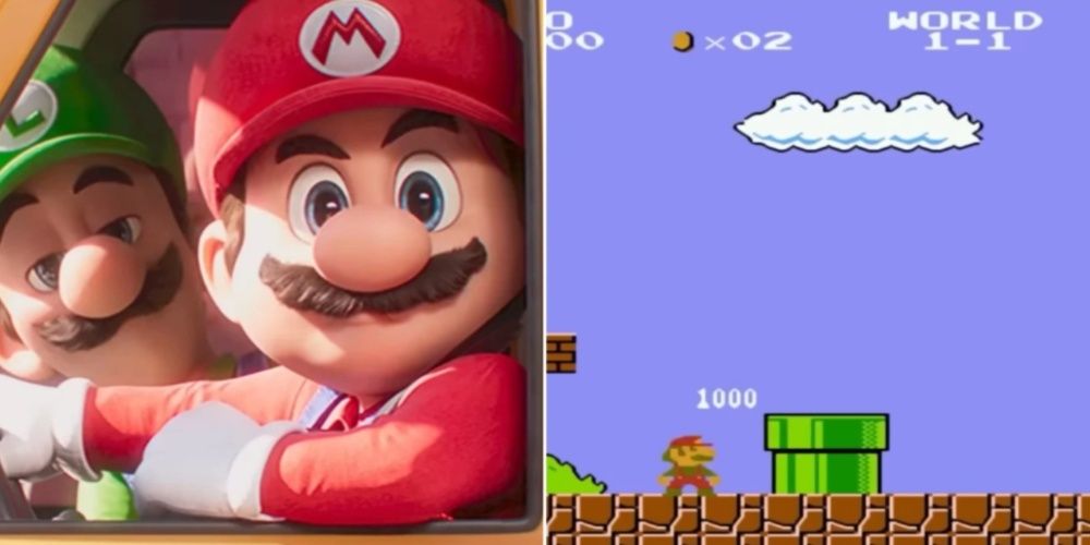 Split image of Mario's first and newest appearance in video games.