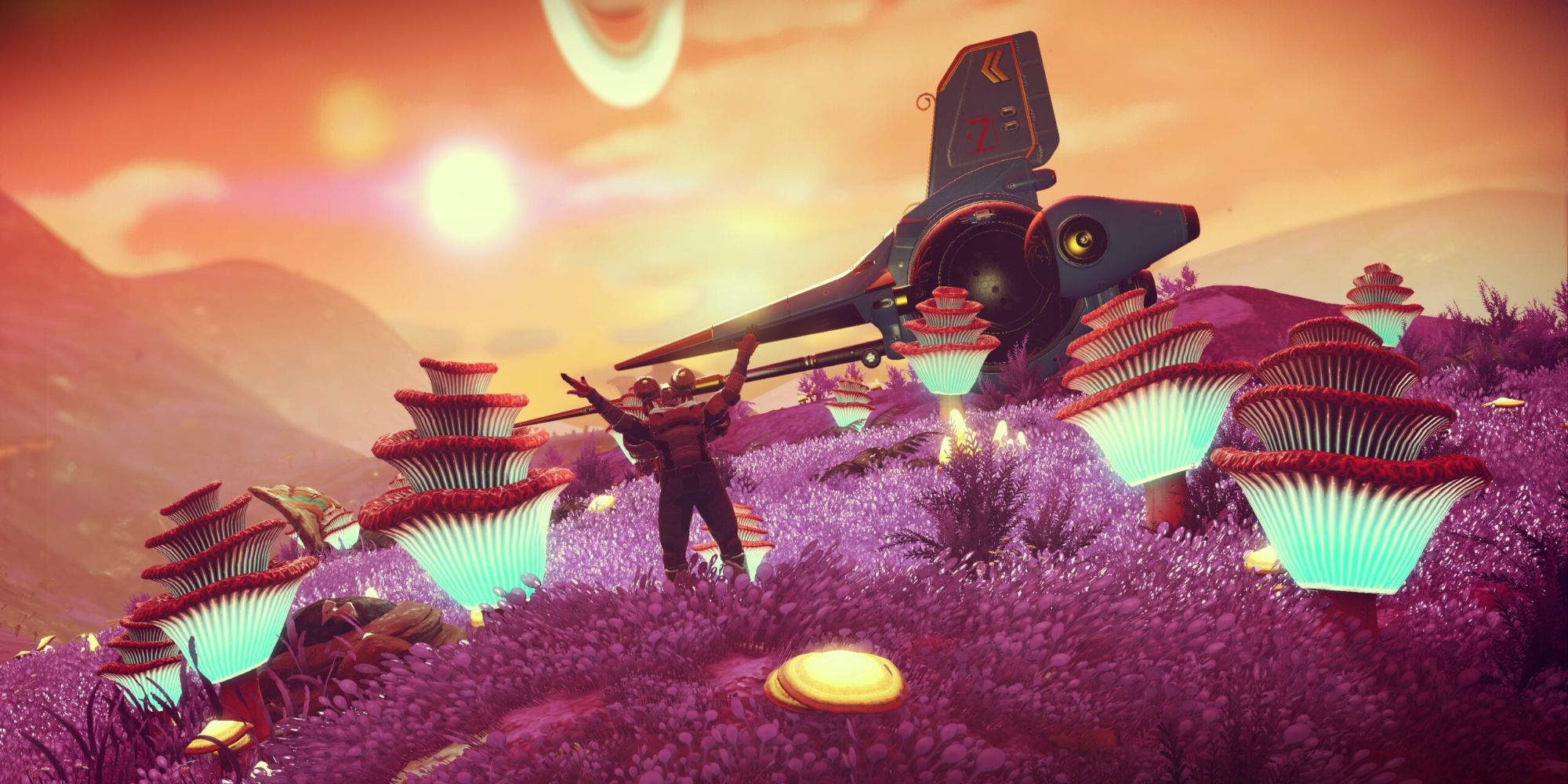 A photo of a Marsh planet from No Man's Sky, which features mushrooms and the player posing for the camera. 