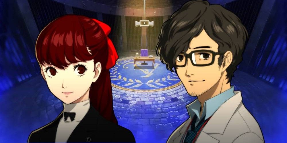 maruki and kasumi sprites in front of the velvet room with igor's desk in the background in persona 5 royal