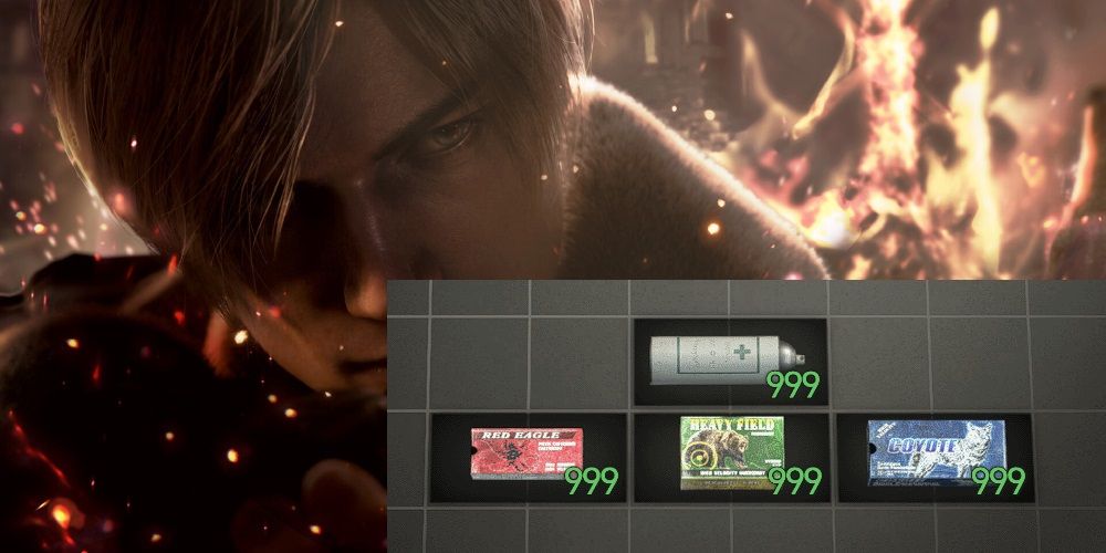 Image shows Leon from Resident Evil with stacks of resources