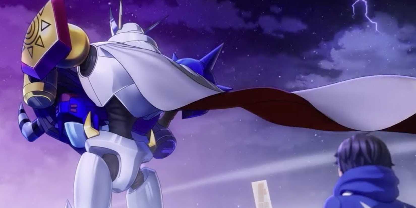 Omnimon defends Keisuke from Digimon Story Cyber ​​Sleuth Hackers Memory.