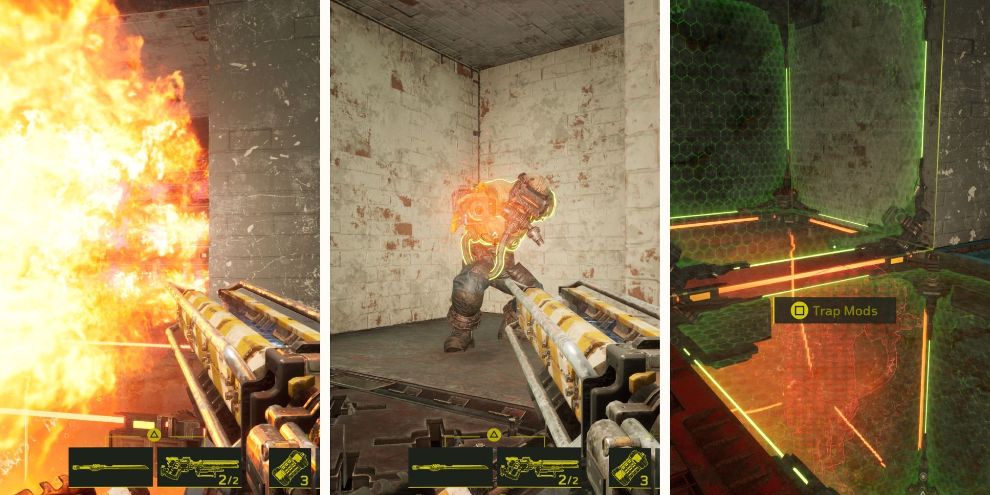 A collage showing fire on the left, an enemy in front of you in the middle, and a trap on the right.
