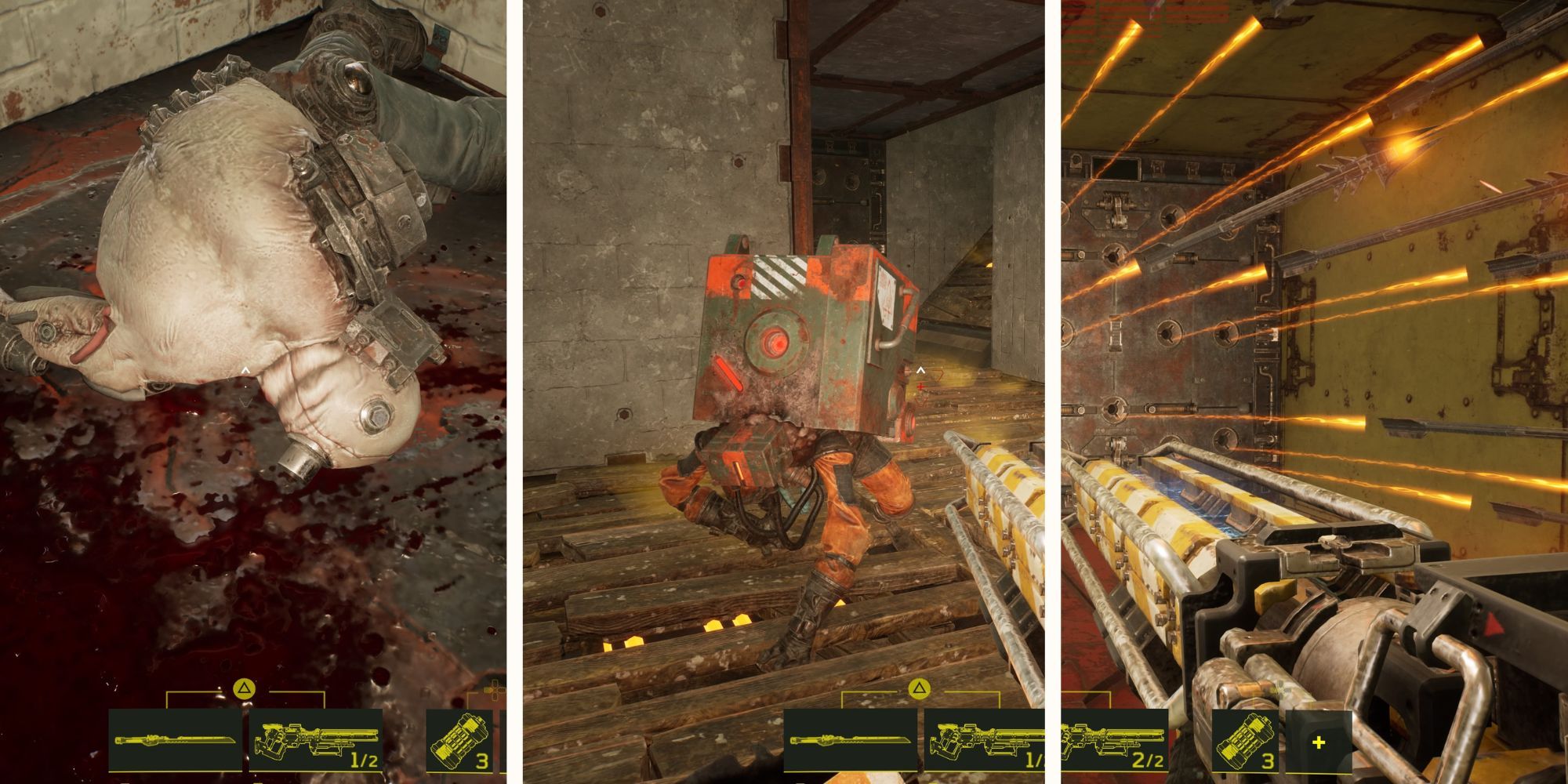 A collage featuring a fallen player, a robot, and a trap shooting fire.