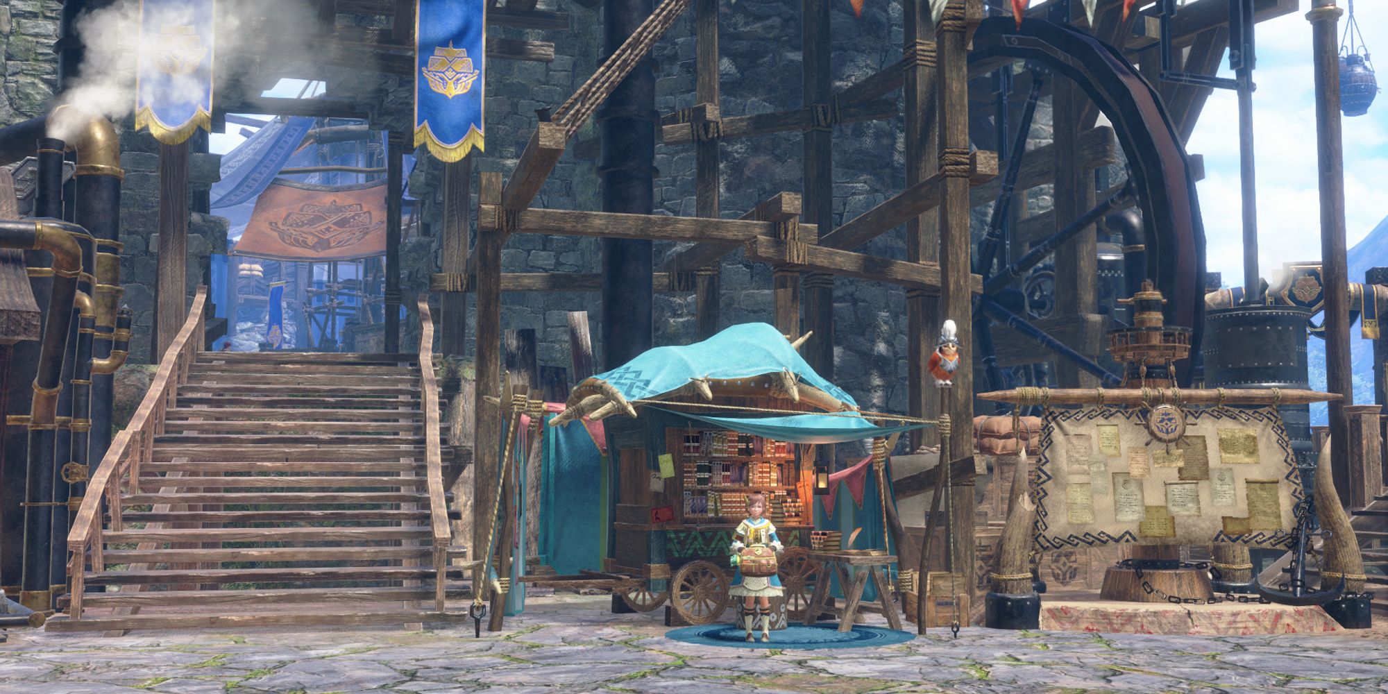 Elgado Outpost with Quest Handler Chichae standing at the front, In Monster Hunter Rise Sunbreak.