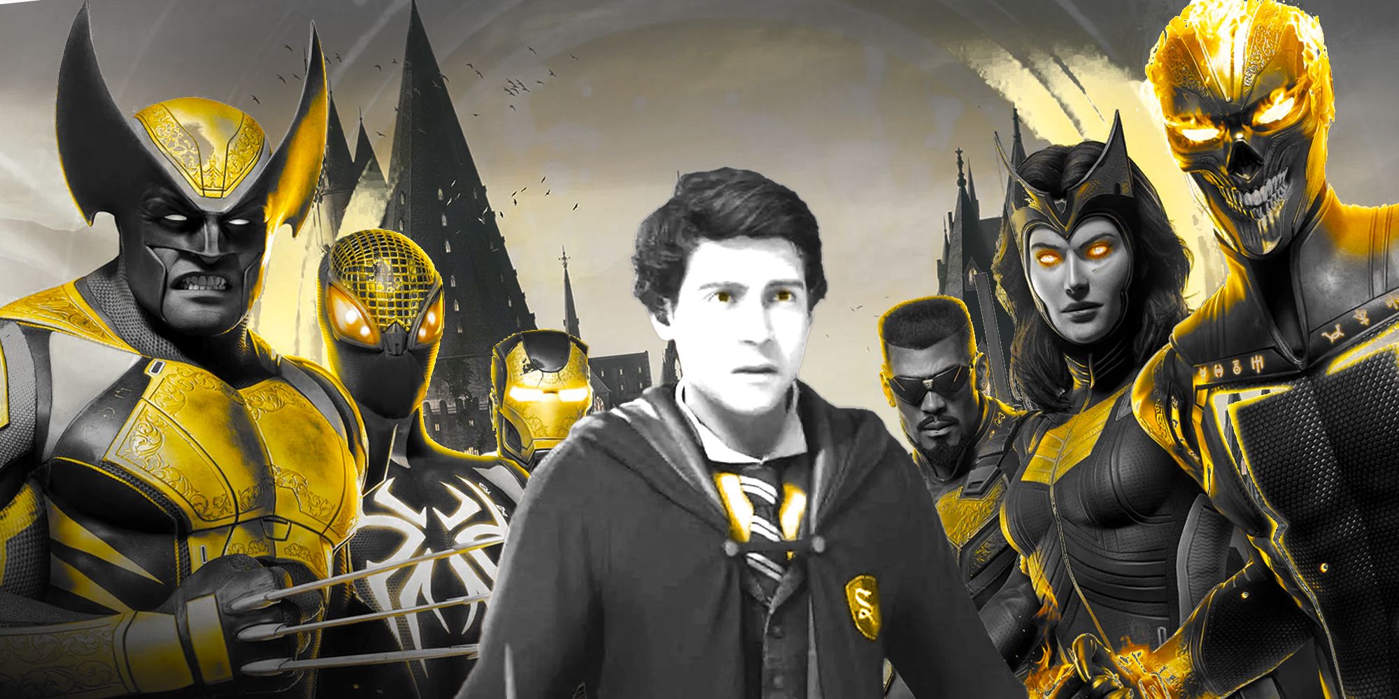 A Hogwarts Legacy character superimposed on the Midnight Suns box art, surrounded by Wolverine, Spider-Man, Iron Man, Blade, Wanda, and Ghost Rider