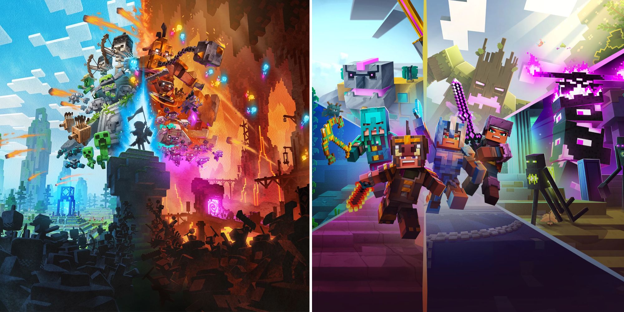 Minecraft Legends and Dungeons Feature Image, a split image the features cover art of the minecraft dungeons heroes and the minecraft legends enemies.