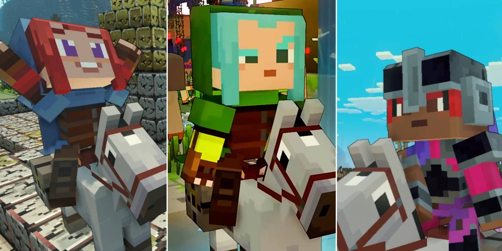 The red-haired hero, blue-haired hero, and helmeted hero all ride the basic horse. mount in Minecraft Legends.