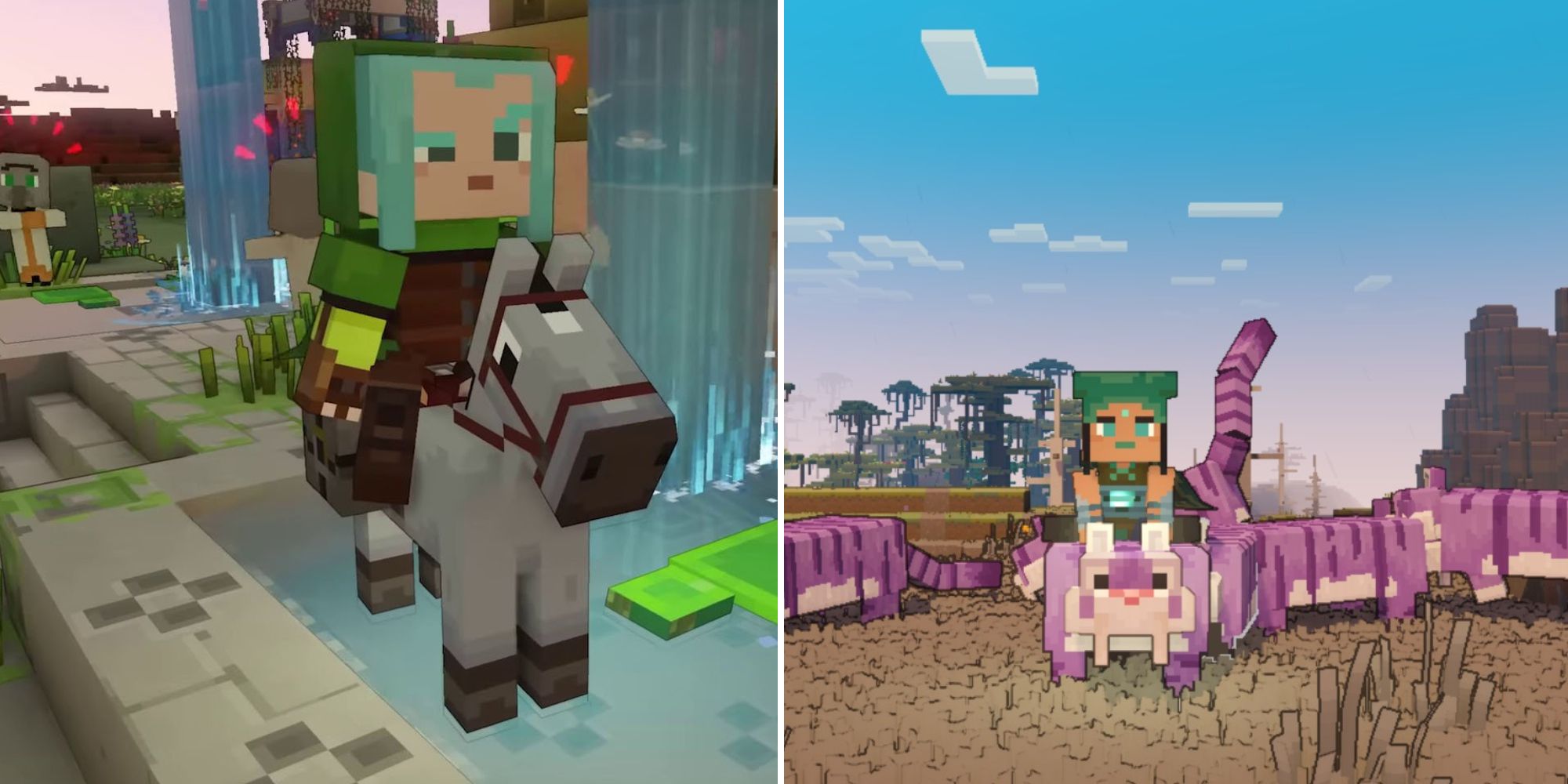 A split image of two mounts from Minecraft Legends, the gray Horse and the purple Tiger.