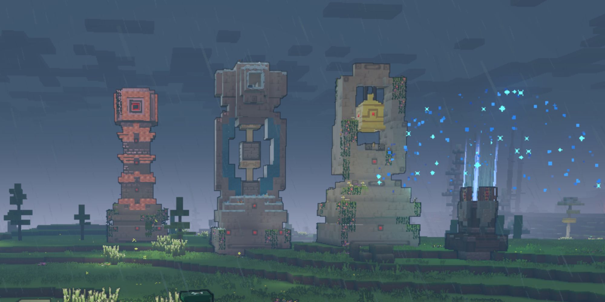a blast, frost, stun, and protector tower in Minecraft Legends