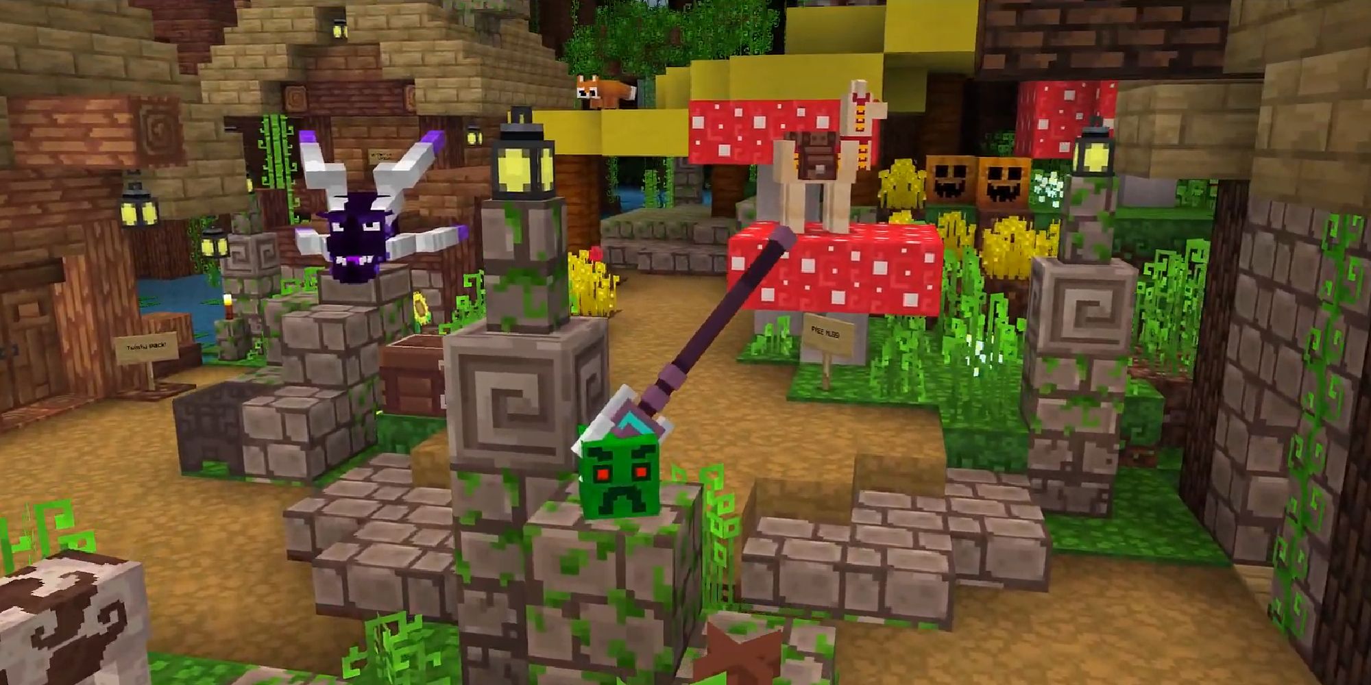 minecraft twisty mod pack showcasing villager with creeper and dragon head