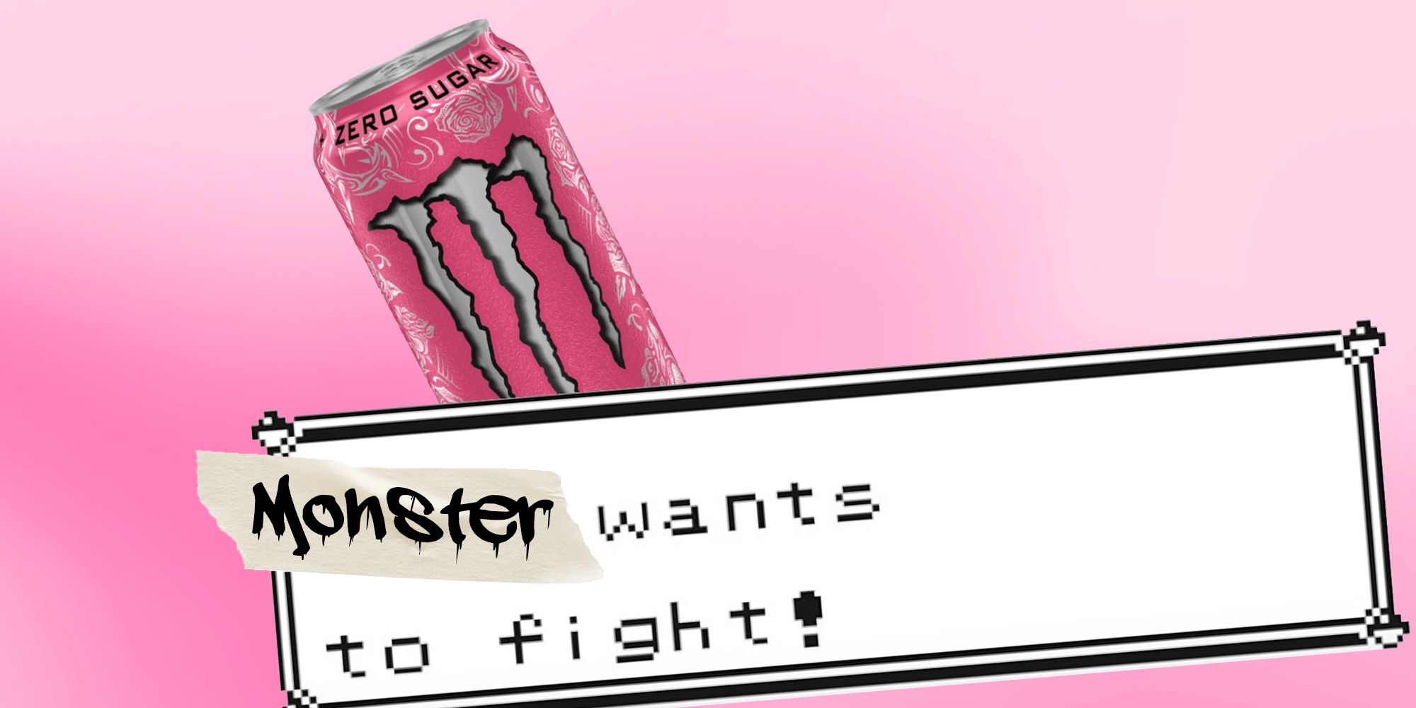 Monster Energy Ultra Rosa flavour over a pink background with Pokemon 