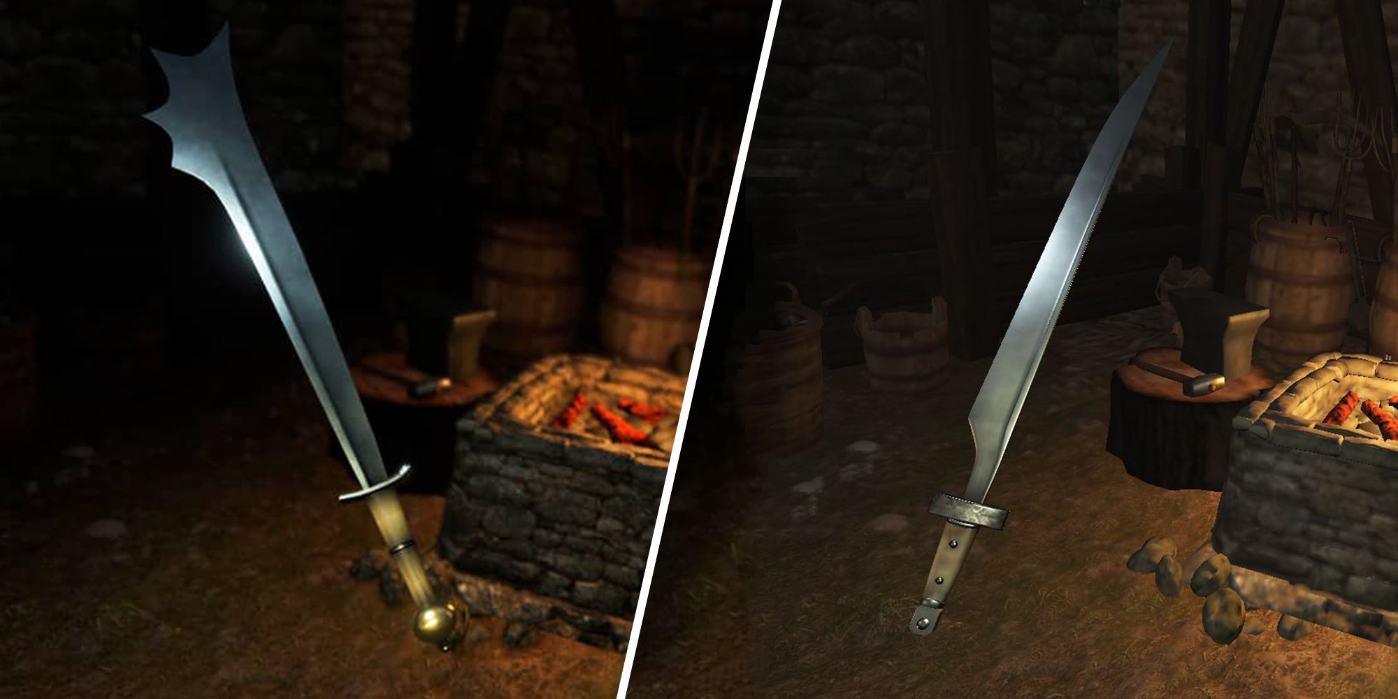 Split image of two crafted swords in the smithing screen.