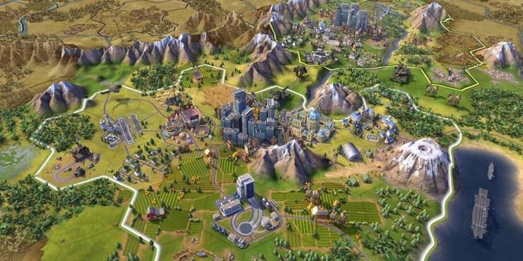 Mountains, trees, and buildings next to each other in Civilization 6