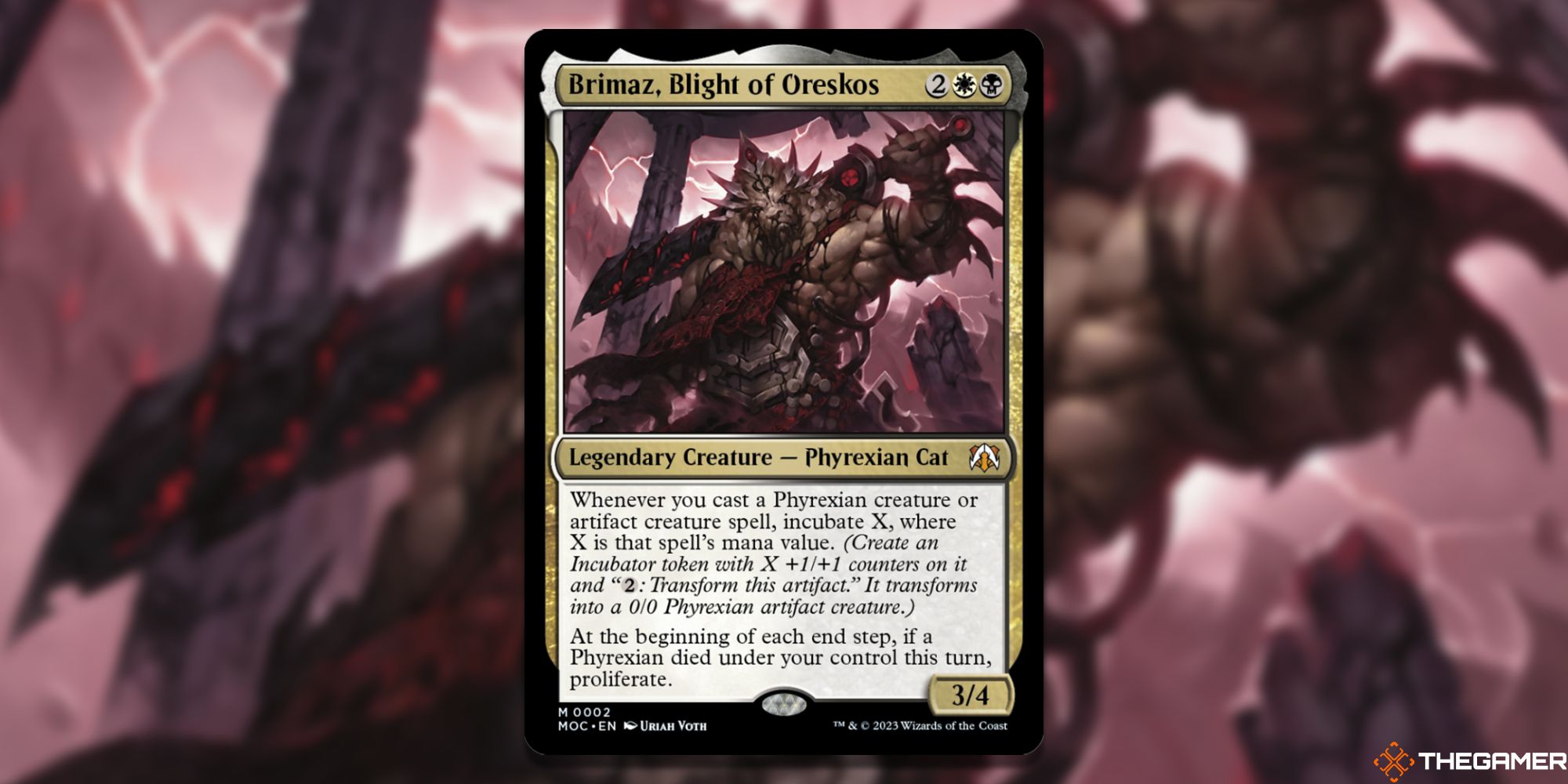 Image of the Brimaz Blight of Oreskos card in Magic: The Gathering, with art by Uriah Yoth
