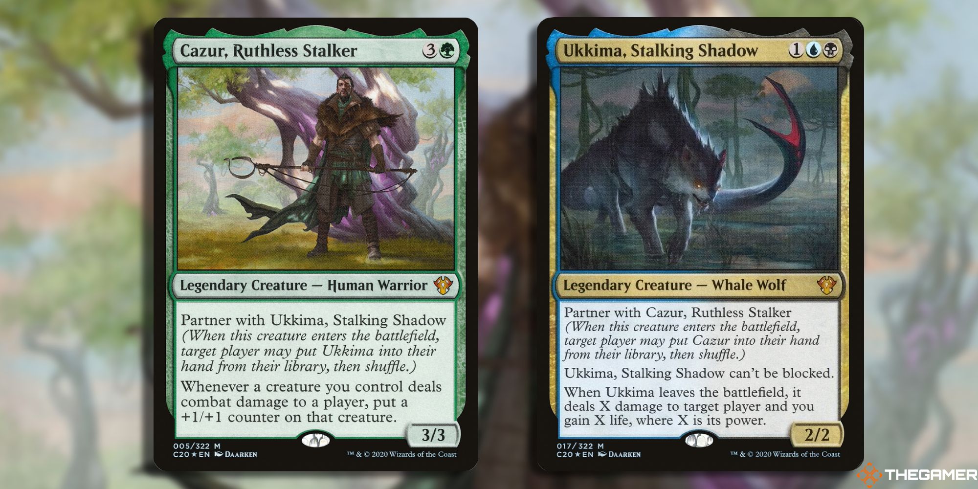 Image of the Cazur, Ruthless Stalker and Ukkima, Stalking Shadow card in Magic: The Gathering, with art by Daarken