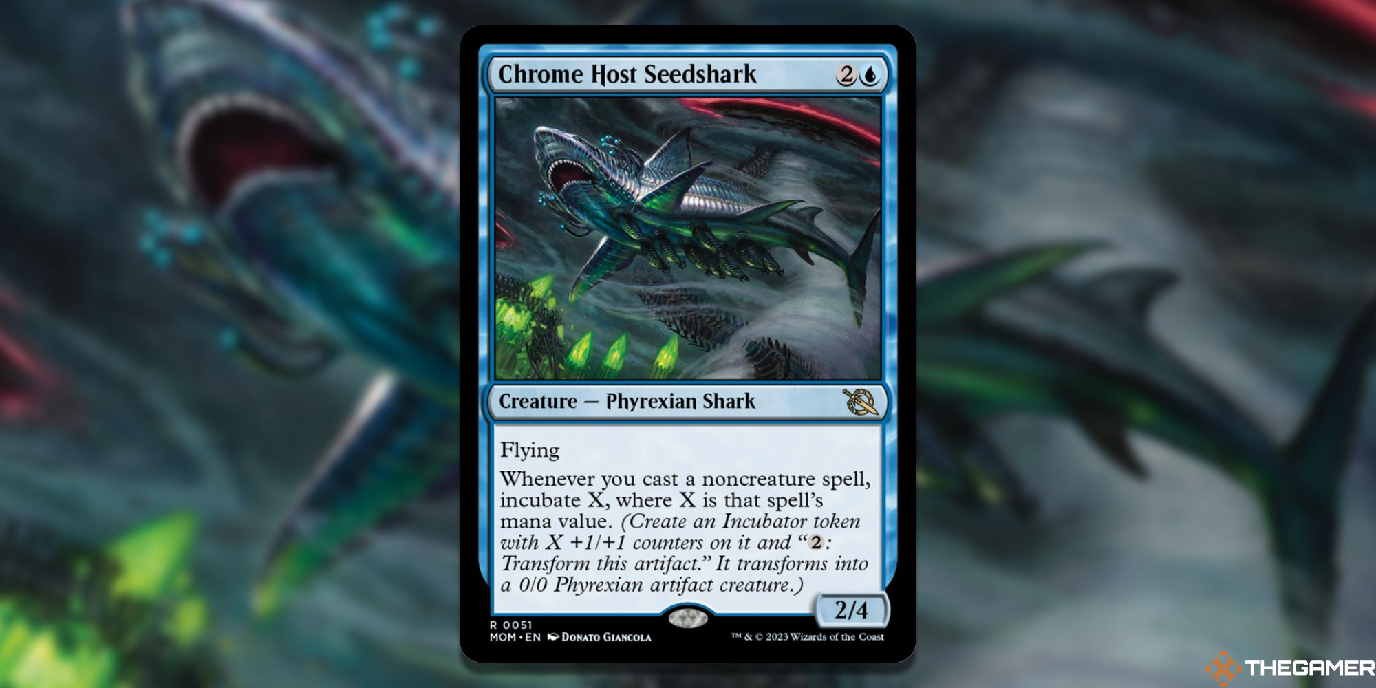 Image of the Chrome Host Seedshark card in Magic: The Gathering, with artwork by Donato Giancola