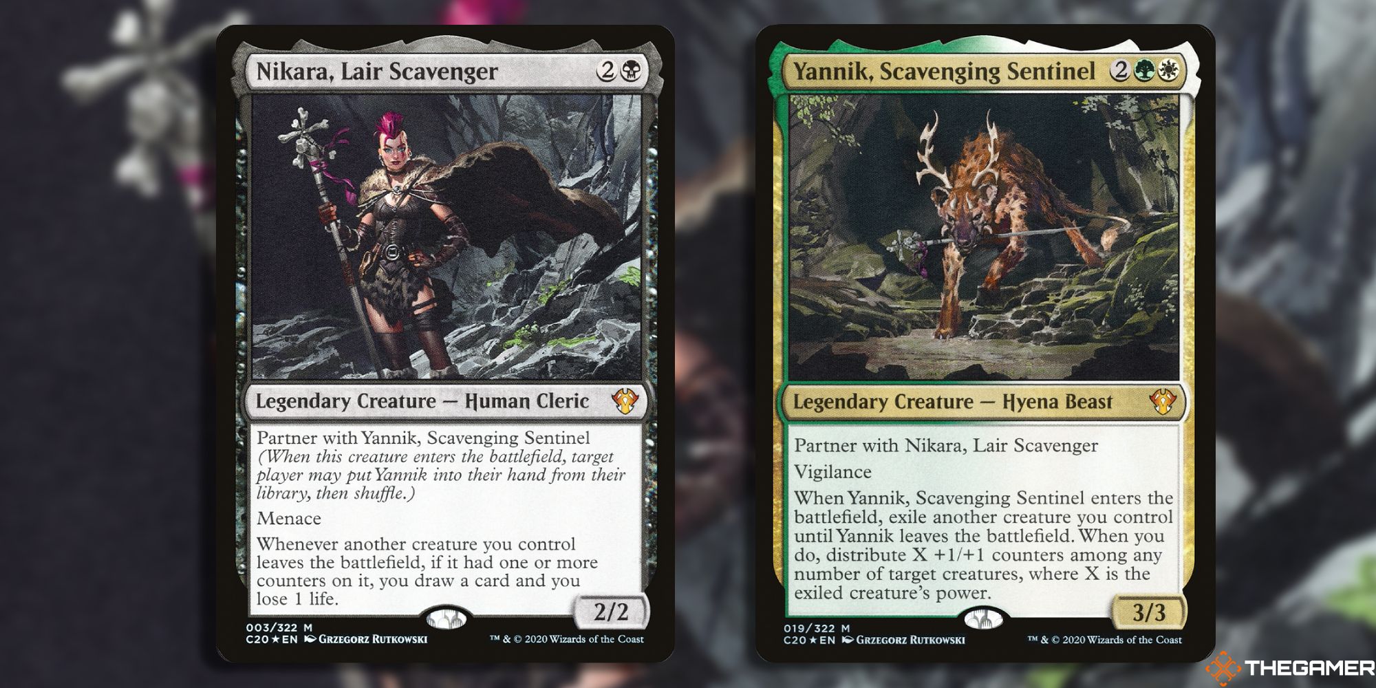 Image of the Nikara, Lair Scavenger and Yannik, Scavenging Sentinel cards in Magic: The Gathering, with art by Grzegorz Rutkowski