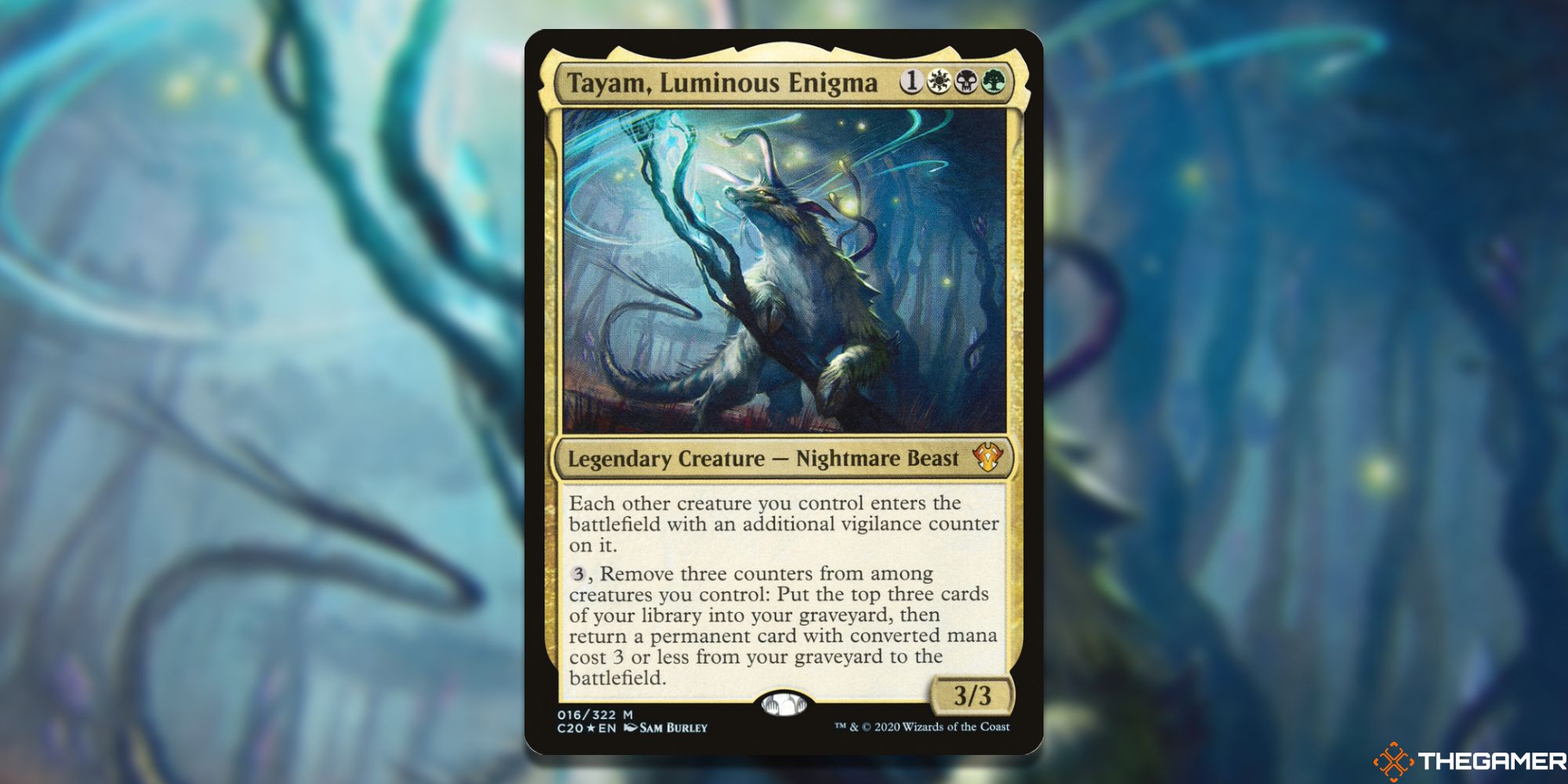 Image of the Tayam, Luminous Enigma card in Magic: The Gathering, with art by Sam Burley