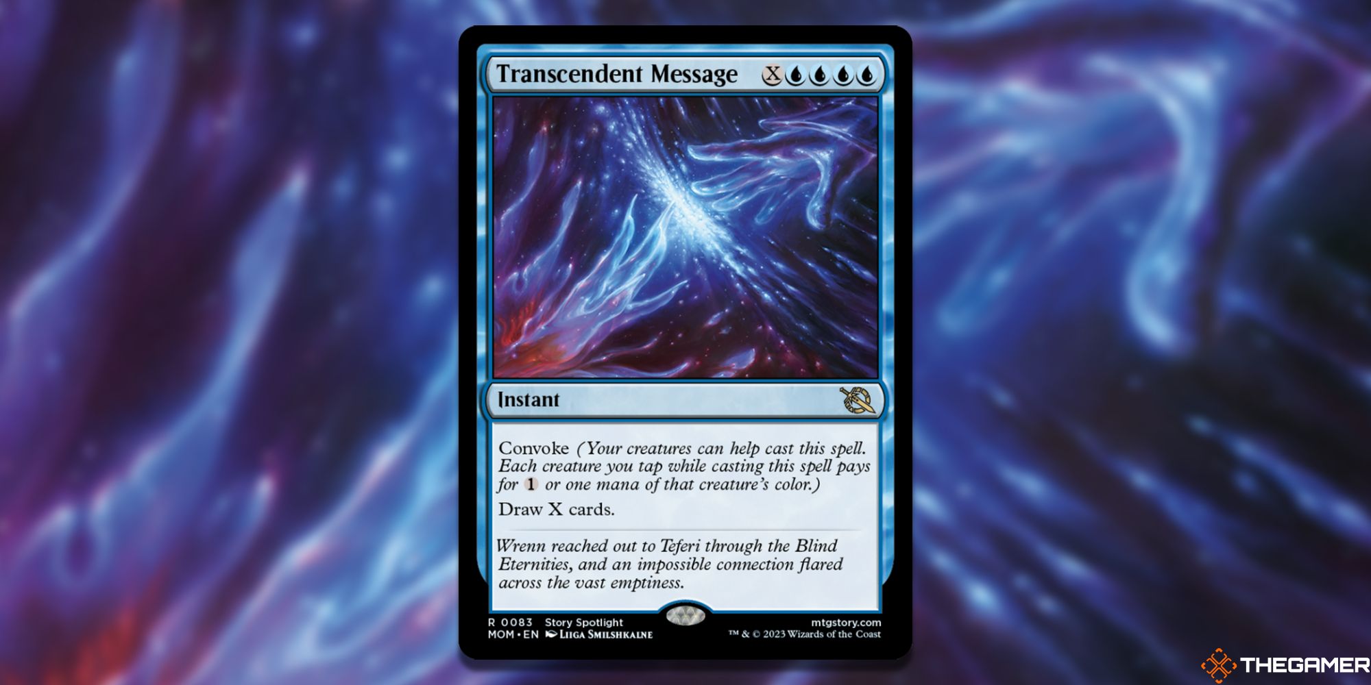 An image of the Transcendent Message card in Magic: The Gathering, with artwork by Liiga Smilshkalna