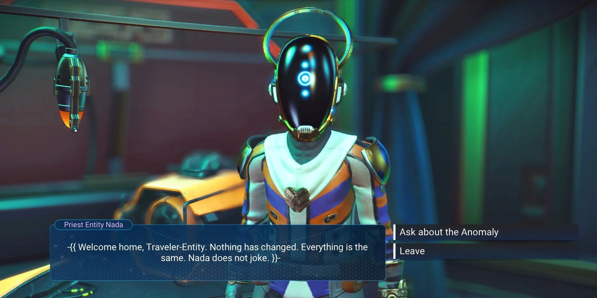 Priest entity Nada greets players in the No Man's Sky anomaly.