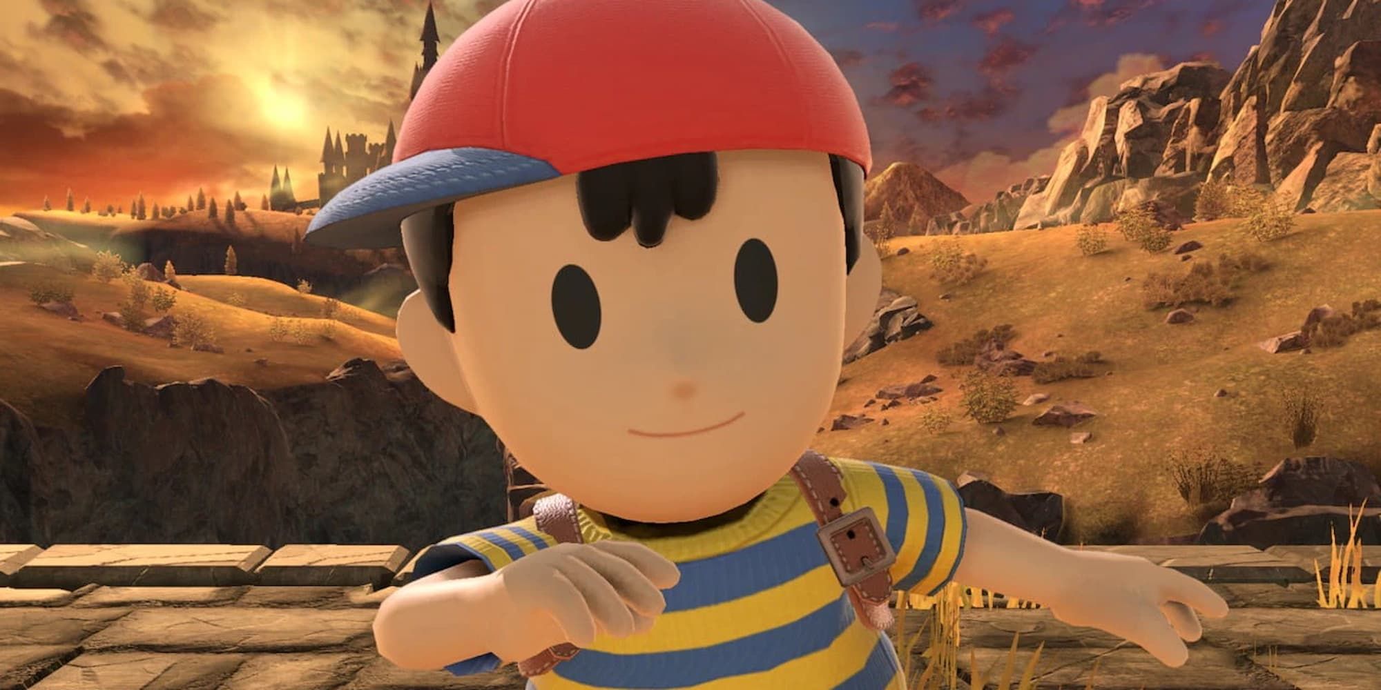 Ness of Earthbound stands with a smile, but ready to fight in Super Smash Bros.