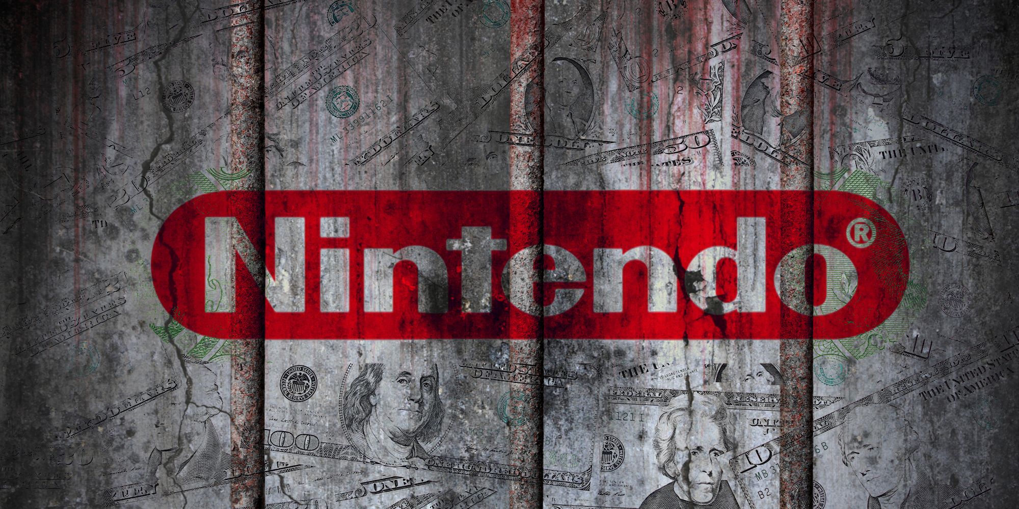 Nintendo logo on a gray background of American currency