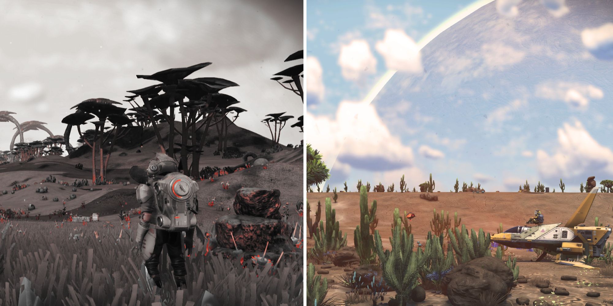 A split image from No Man's Sky featuring the playable character exploring two different planets, a barren desert and a strange black-and-white exotic landscape.