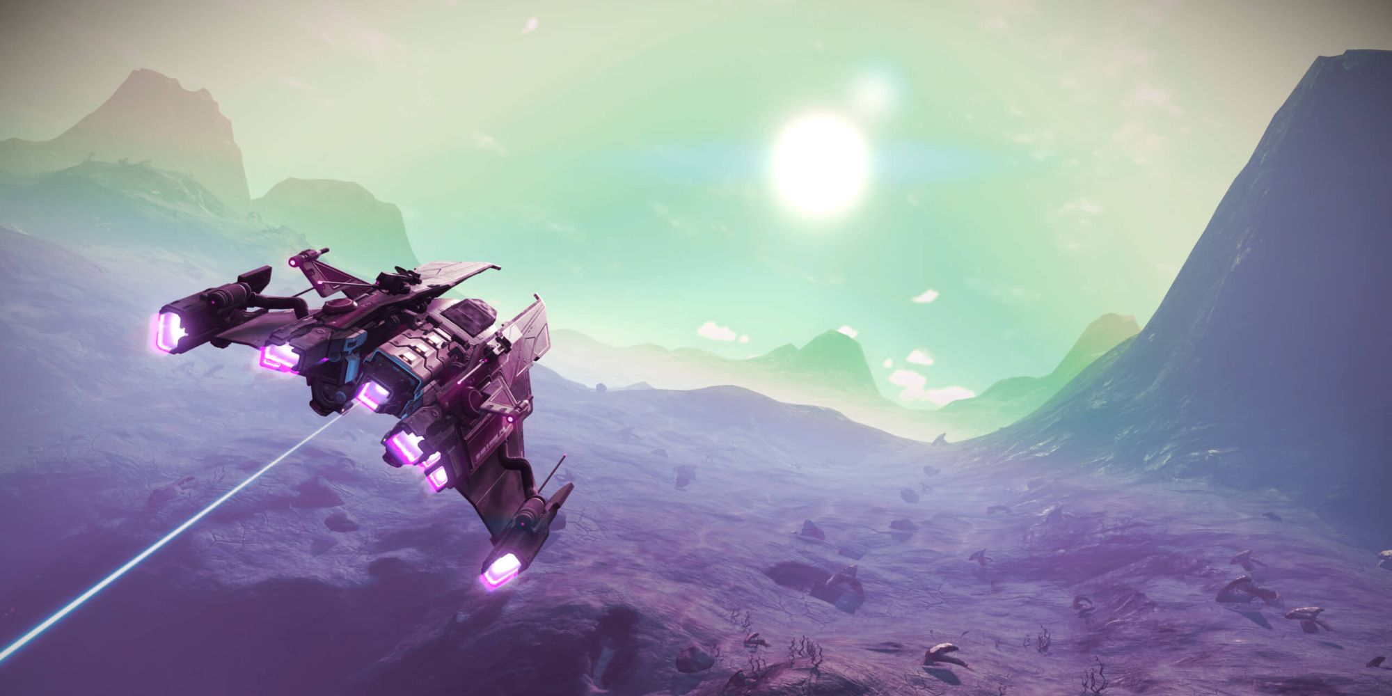 A photo of a sentinel ship from No Mans Sky taking off with the Anti-Gravity Well