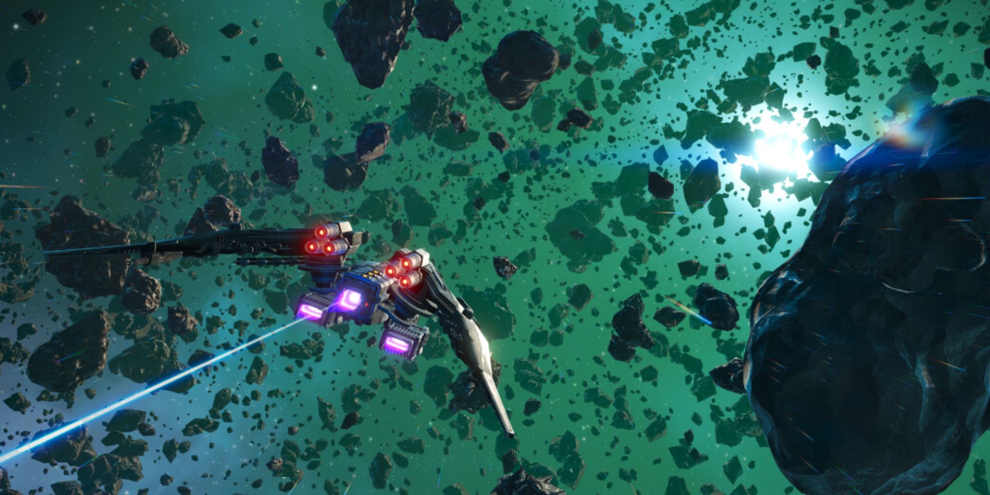 An image of the No Mans Sky Intercepter Update sentinel ship flying through the asteroid belt.