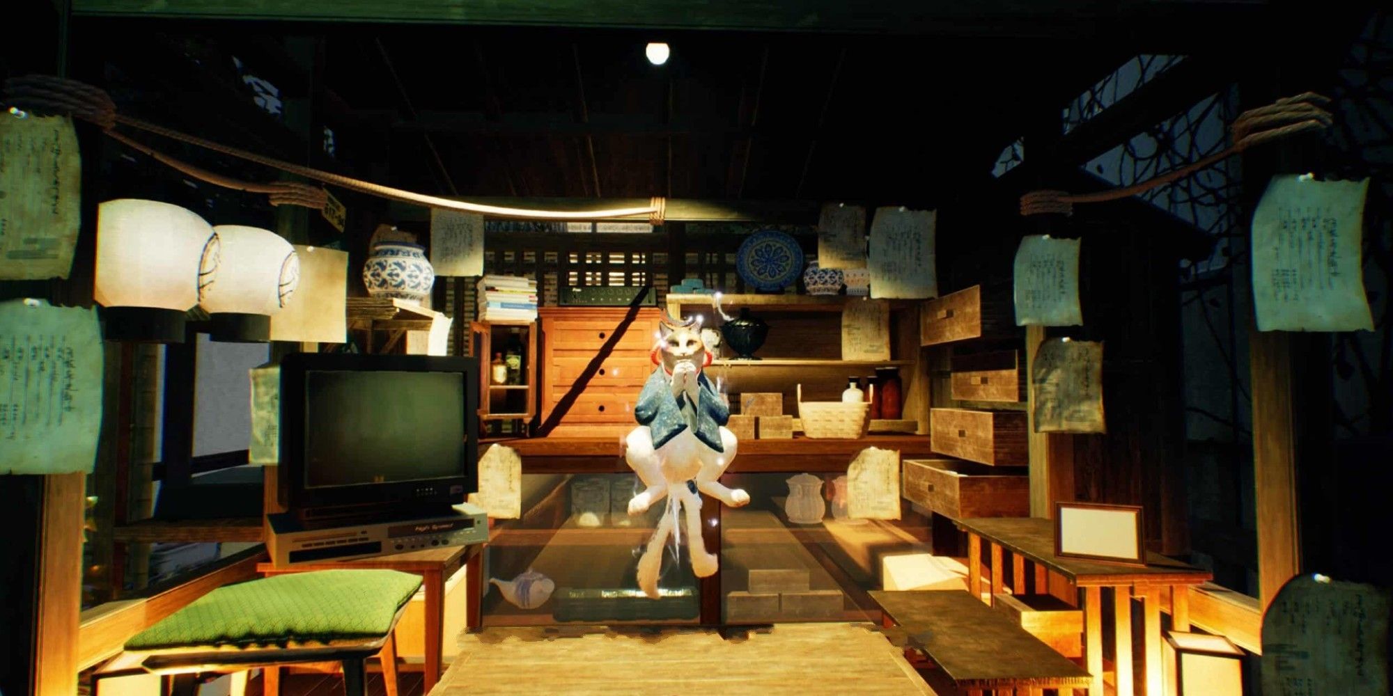 Occult Nekomata Sits inside of it's shop, waiting happily for any lost haunted trinkets you find