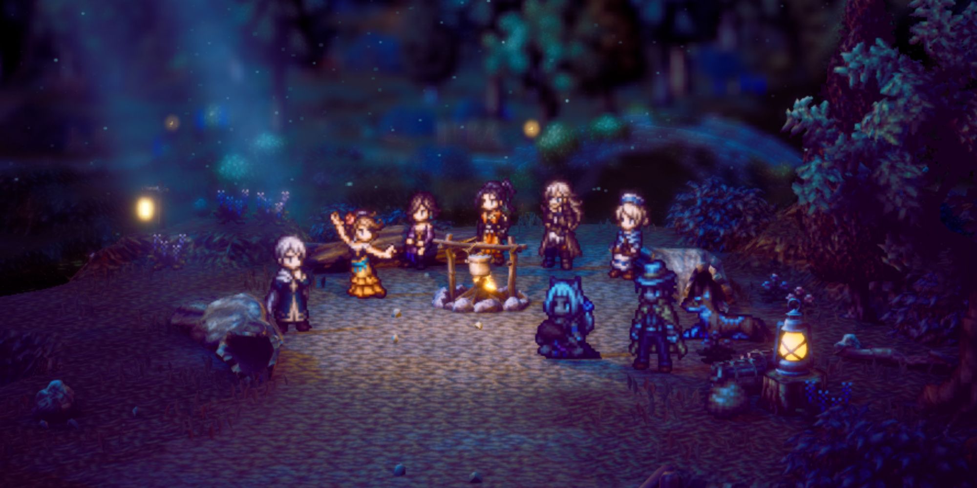 Octopath Traveler 2, all eight travelers around the fire