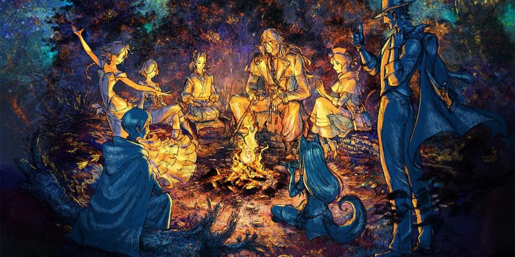 Agnea, Temenos, Hikari, Osvald, Throne, Ochette, Castti, and Portitio gather around a campfire together