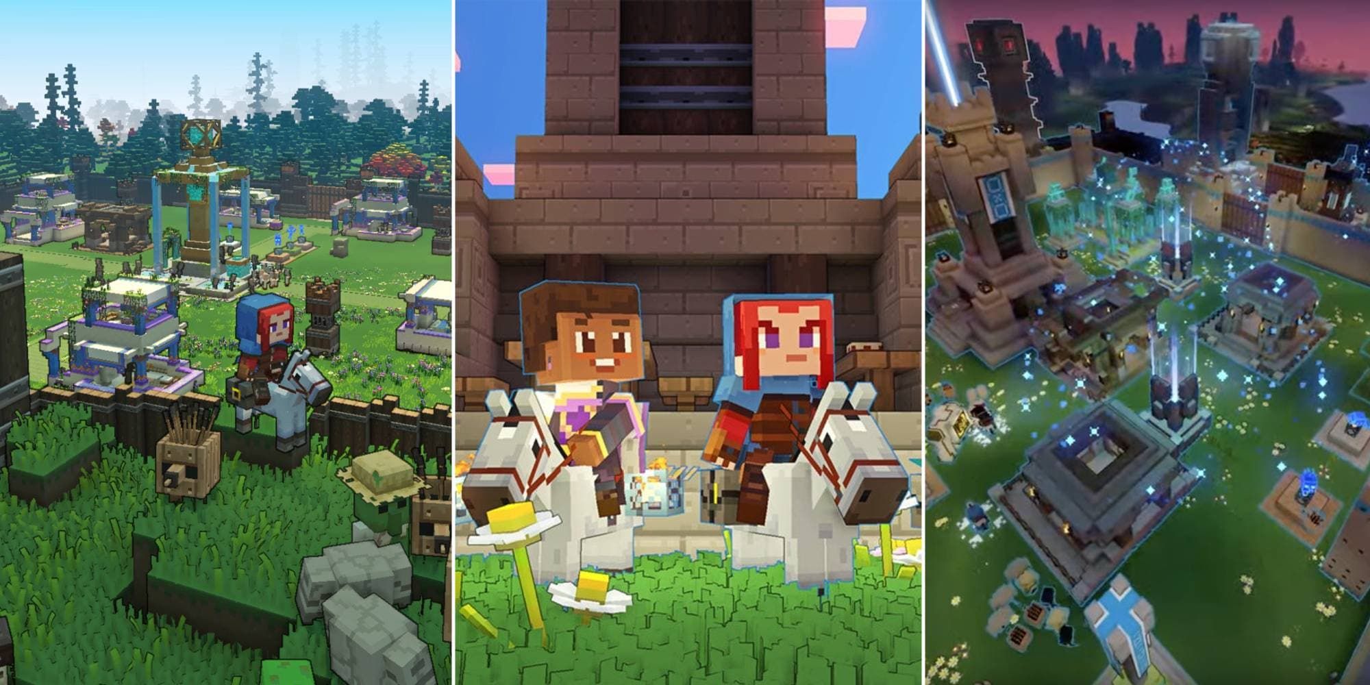 A hero rides a mount, two heroes are in co-op multiplayer, and a village is being defended in Minecraft Legends.