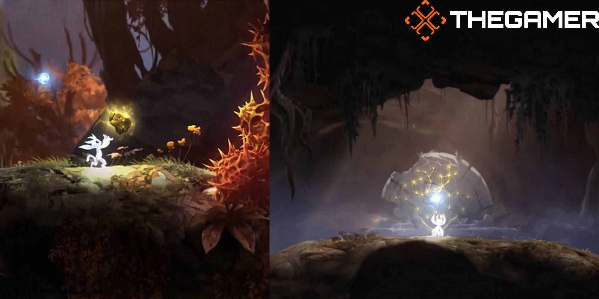 Ori and the Blind Forest composite image of Ori finding a map stone and map stone fragment with our thegamer watermark