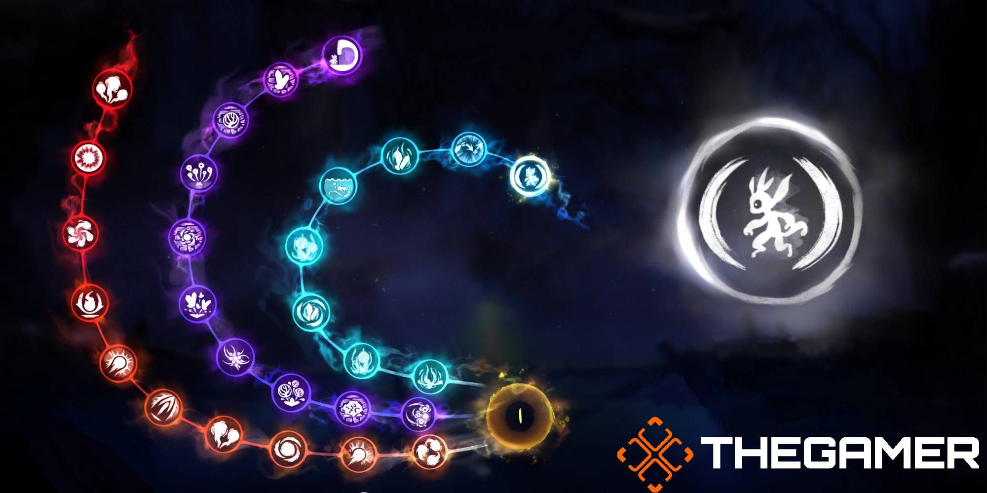 Ori and the Blind Forest filled out  skill tree with thegamer logo in the bottom corner