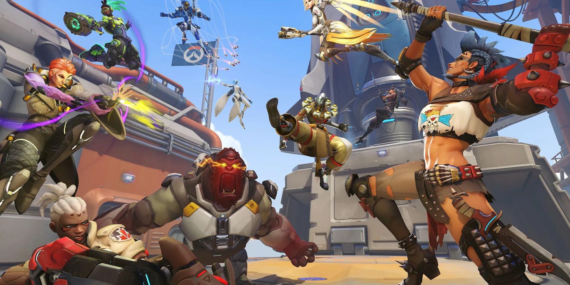 Winston, Moira, Sojourn, and Lucio fight Mercy, Junker Queen, and Zenyatta