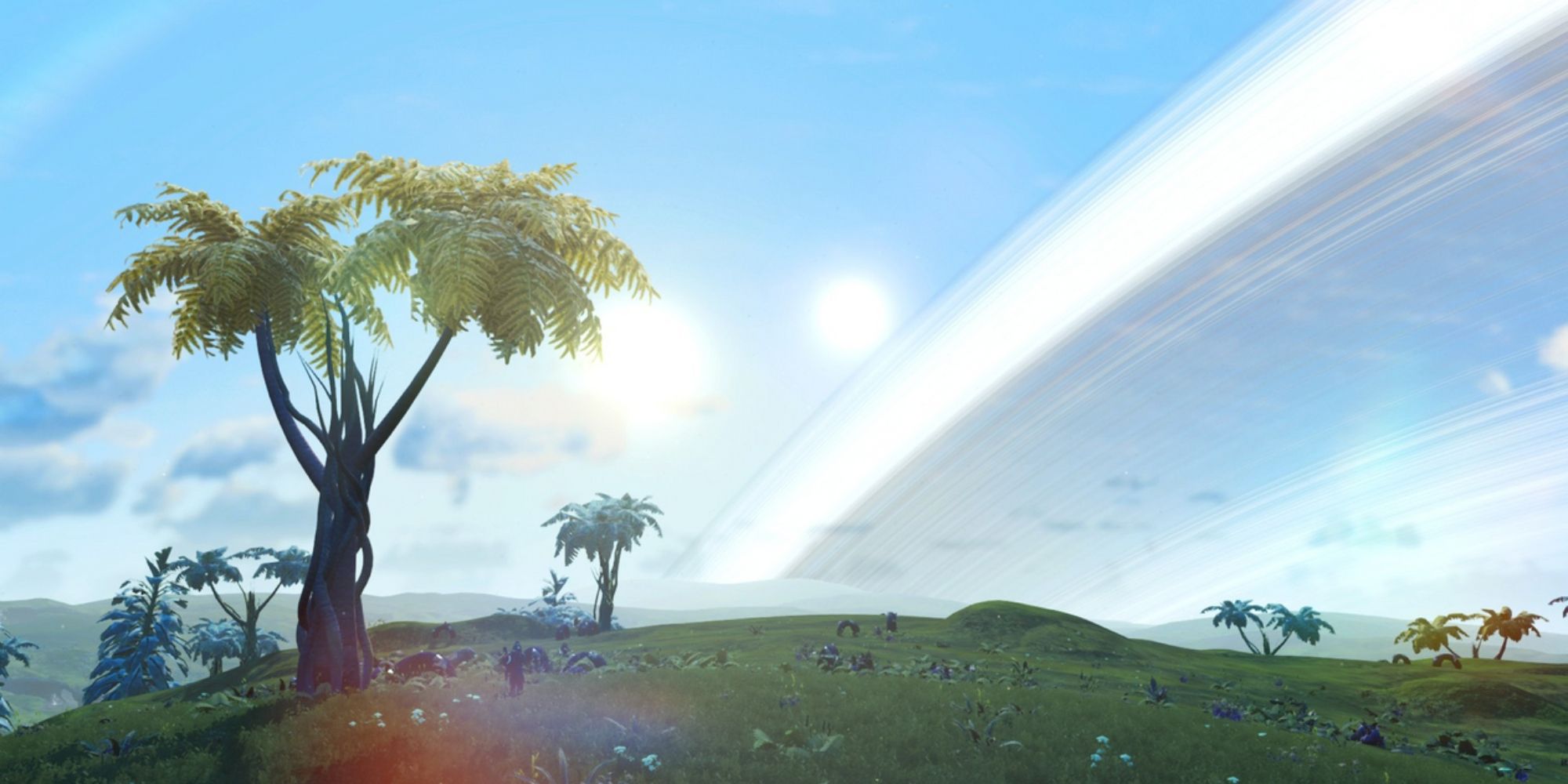 An image of a Paradise Planet from No Man's Sky, with green grass and clear blue skies. Paradise Planets offer the safest places to live, with no negative weather and Earth-like conditions. 