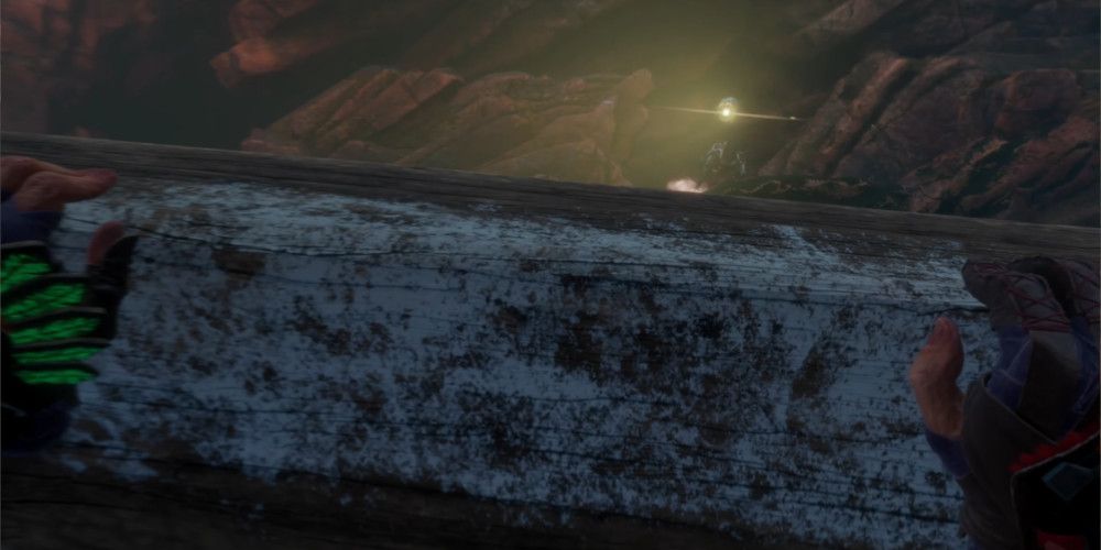 Peeking Over Wooden Beam as Watcher Is Suspicious in Horizon Call of the Mountain.