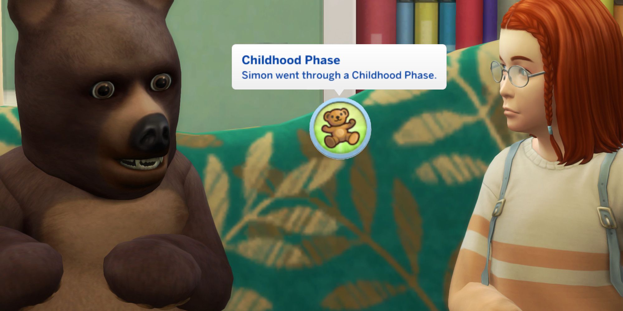 Two child Sims sit next to each other. One is in a bear suit. A text bubble saying "Childhood Phase" is in between them.