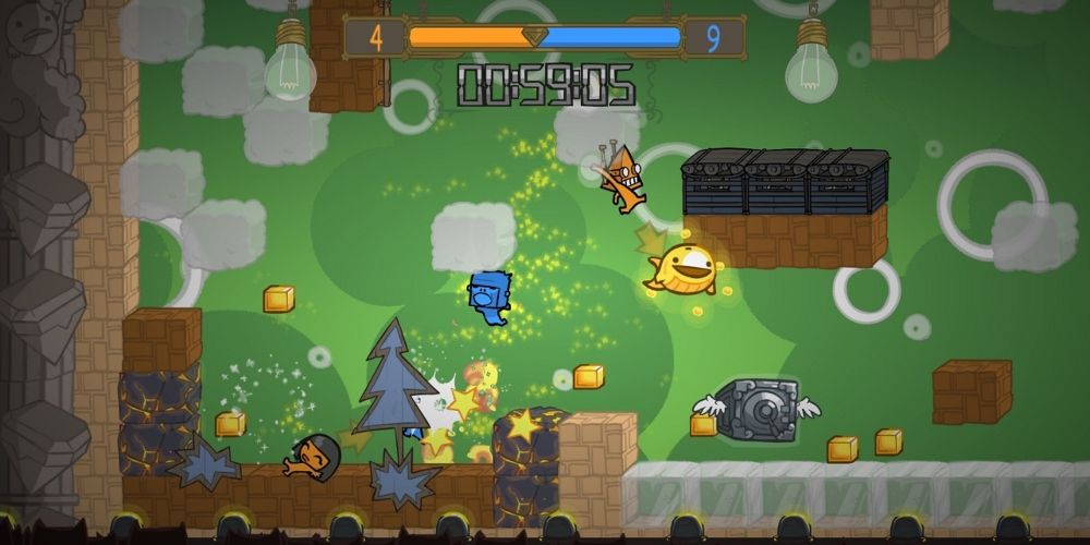 A player character jumping around platforms in front of an audience of cats in Battleblock Theater