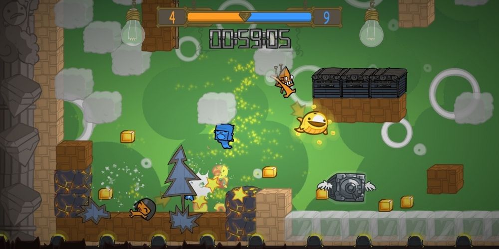 Player characters jumping around on platforms in front of cat audience members in BattleBlock Theater.