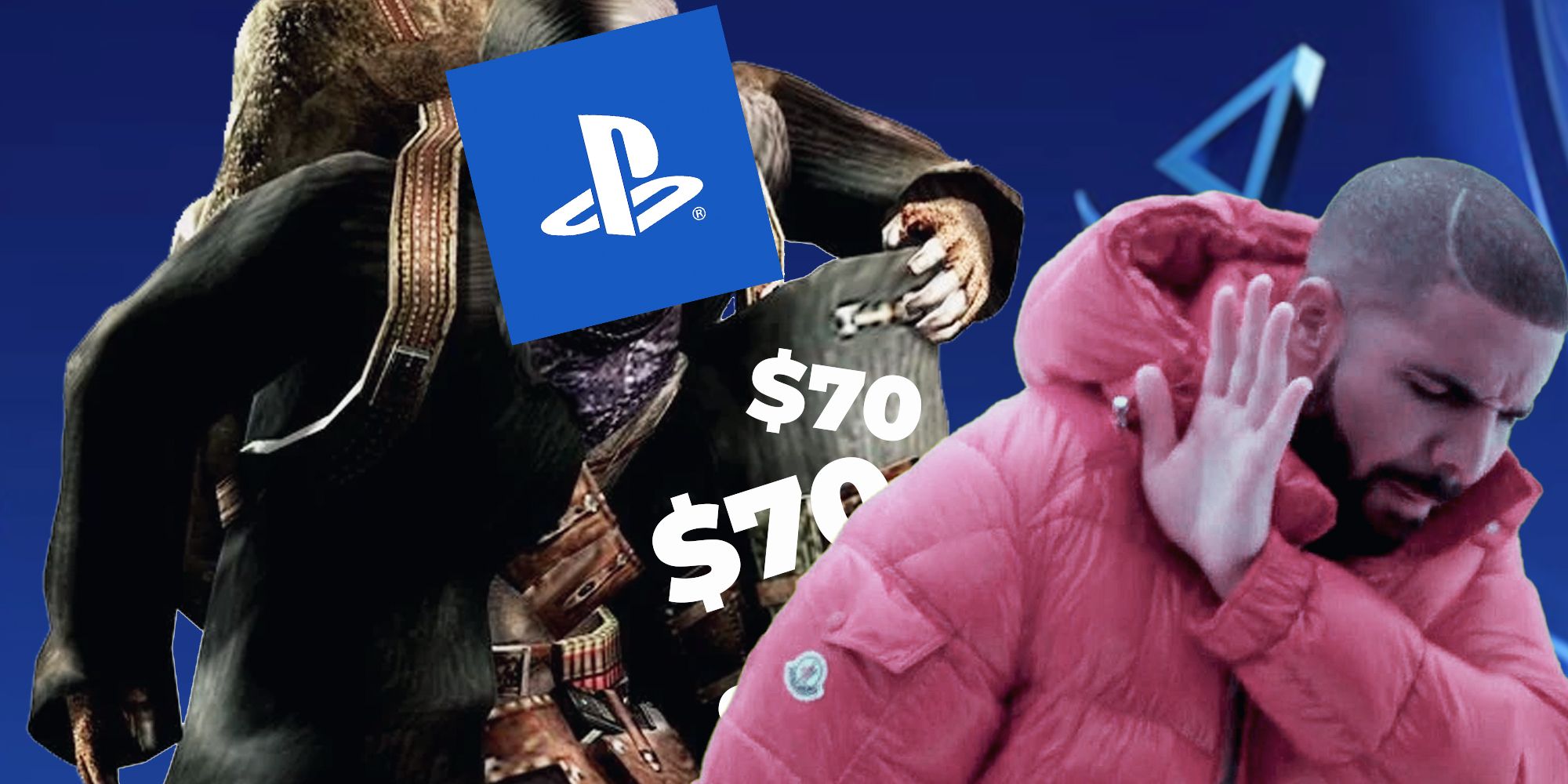 PlayStation $70 games showing an image of Drake pushing away the big price 