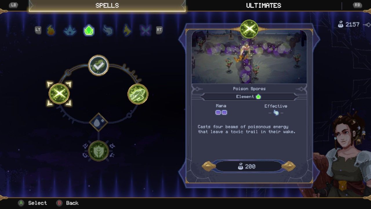 Selecting Poison Spores, a spell that shoots multiple energy shots in The Mageseeker: A League Of Legends Story.