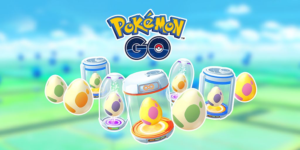 Several different Pokemon Go Eggs and Incubators, with the Pokemon Go logo above.