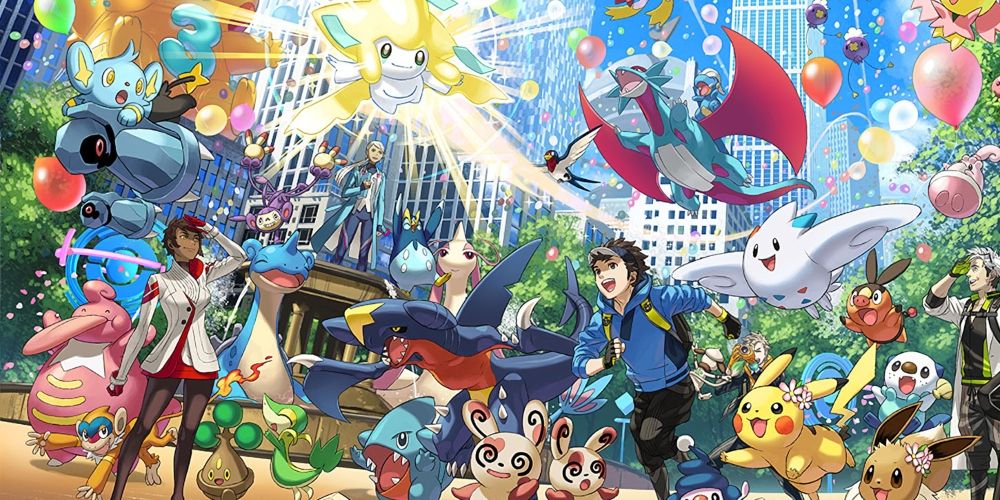 The main characters of Pokemon Go and many Pokemon celebrating and running outdoors