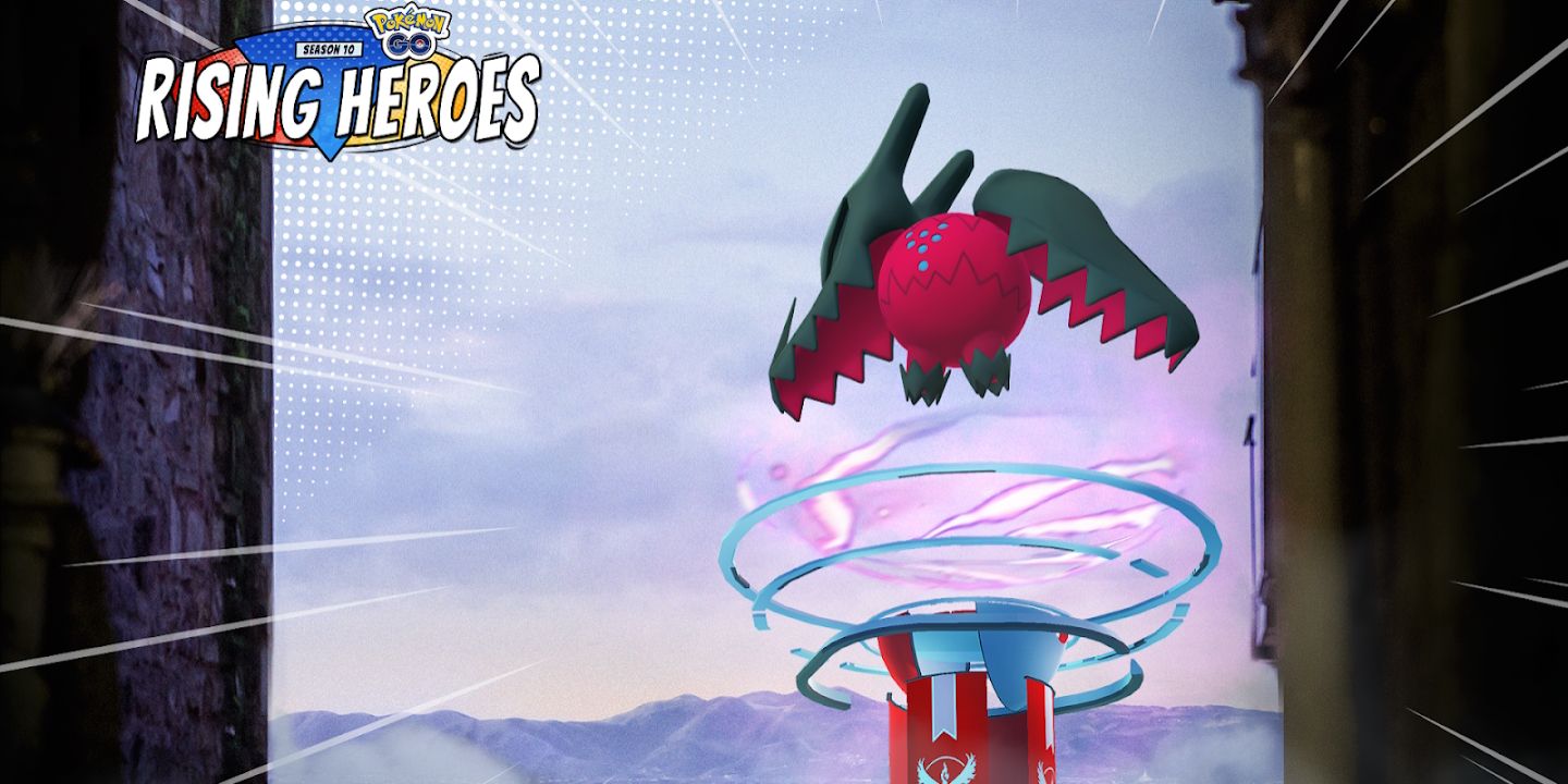 Image of Regidrago on top of a Pokemon Go Raid, with the Pokemon Go Rising Heroes logo in the corner