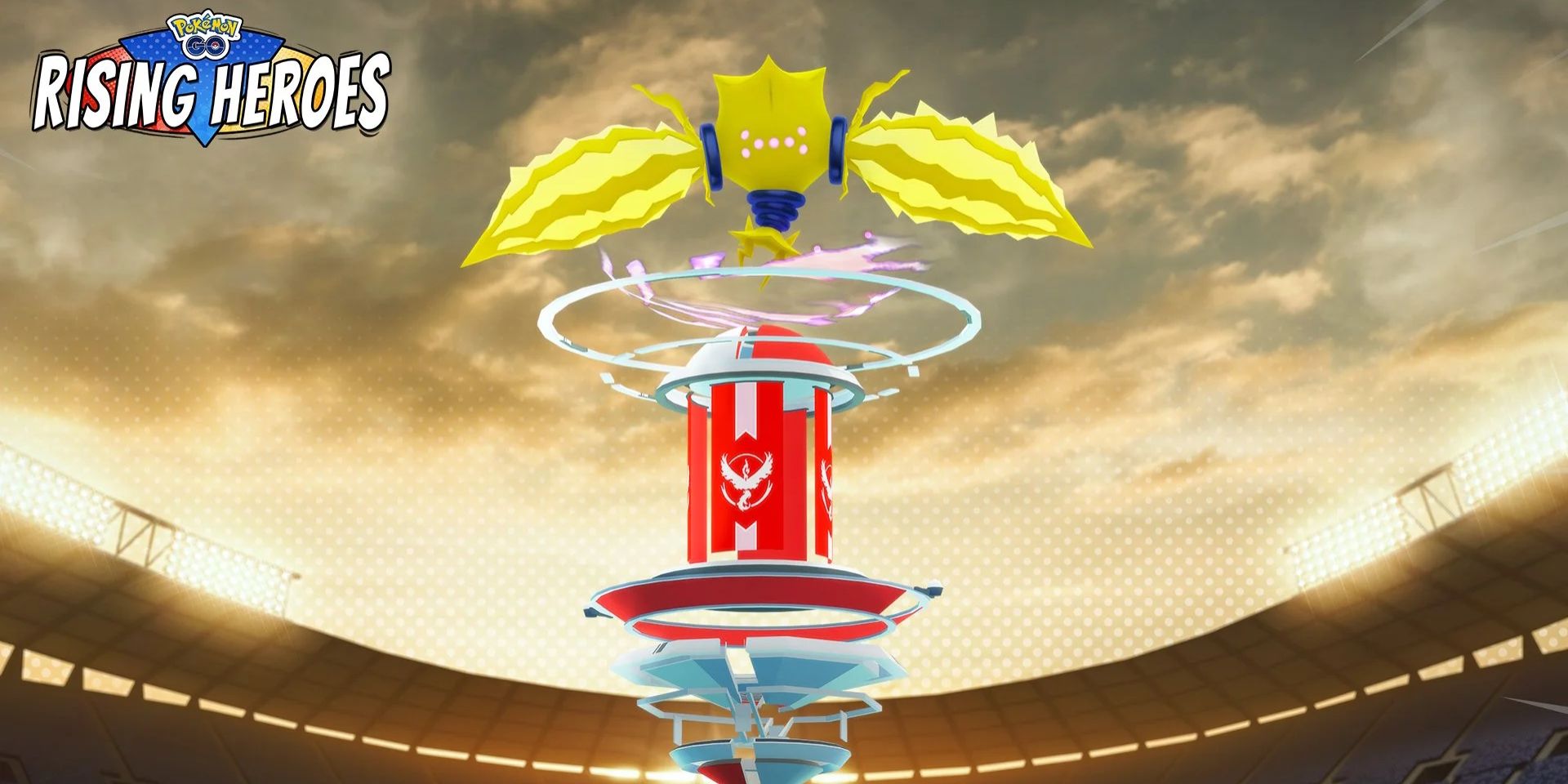 Legiereki on top of red Pokemon Go Raid, with Pokemon Go Rising Heroes logo in the corner