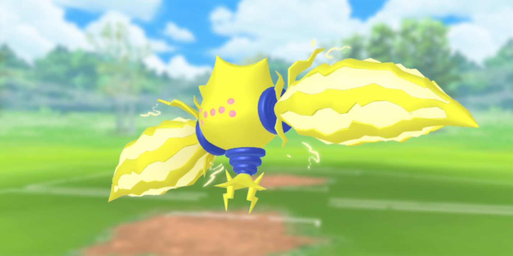 Regieleki from Pokemon with the Pokemon Go battlefield as the background.