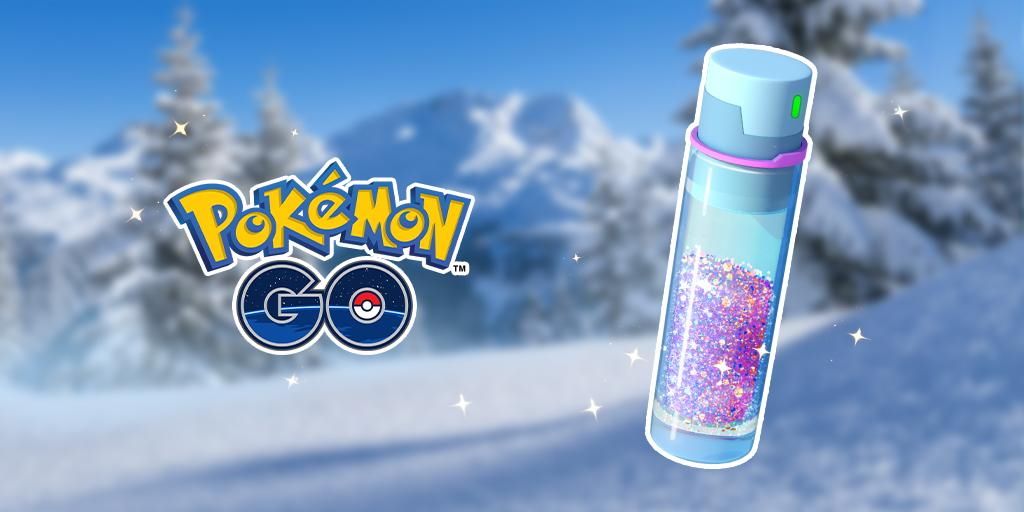 The Pokemon Go logo and Stardust with a wintery scene as the background