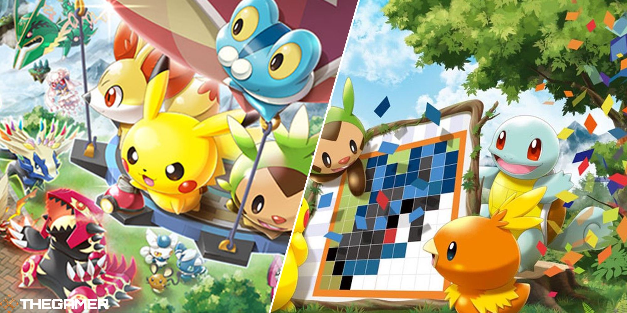 pokemon rumble world and pokemon picross promo art split image